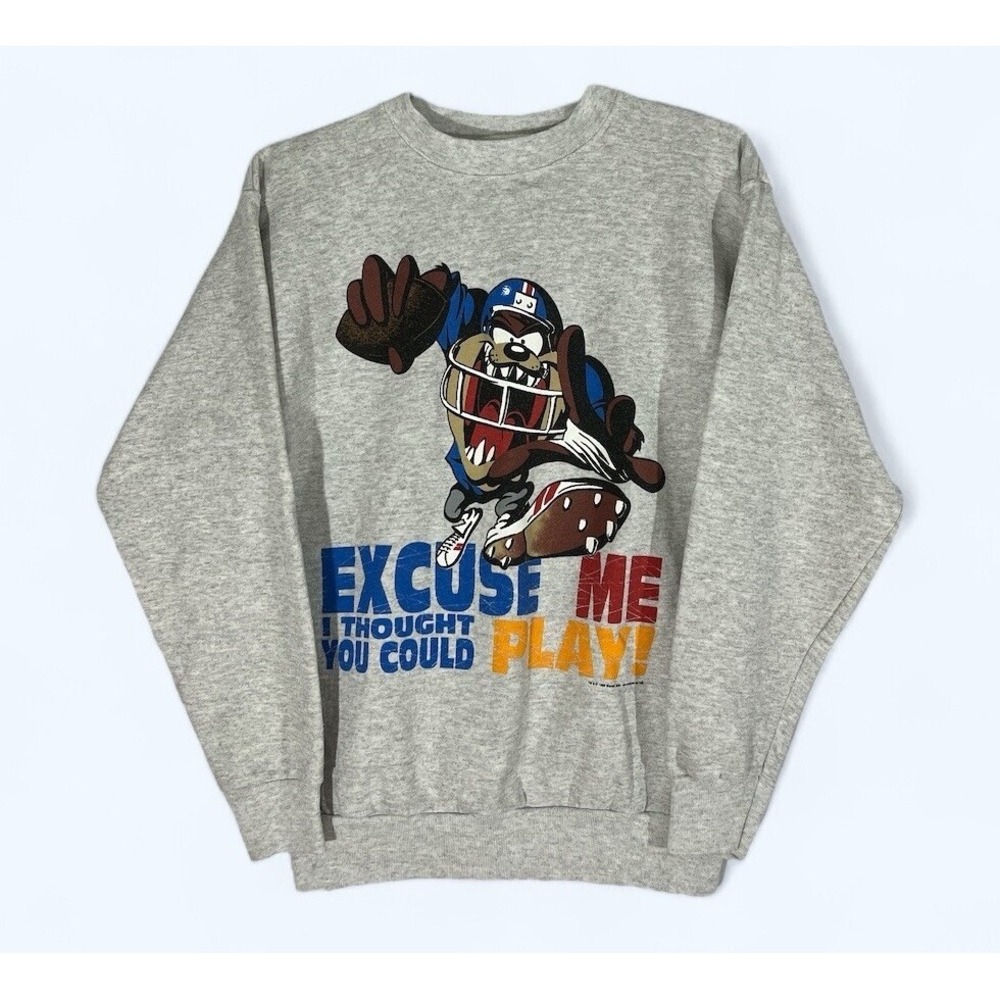 VINTAGE 90s LOONEY‎ TUNES SWEATSHIRT TAZ FOOTBALL LARGE USA